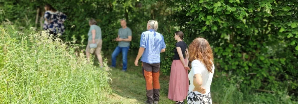 Mitglieder das Vereins besichtigen eine Blühwiese